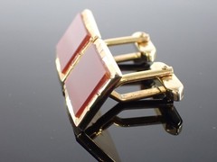 Vintage Gold Tone Red Stone Rectangular Cufflinks Mid Century Style