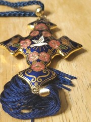 Vintage Cloisonne Cross Pendant Deep Blue with Goldtone Trim, 54.1 Grams Heavy