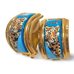 Vintage Hermès Cloisonné Enamel Gold-Tone Earrings with Panther, Leopard,Cheetar