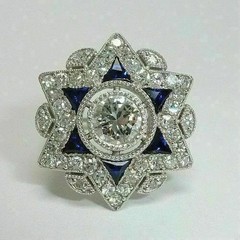 14K White Gold Finish Ring Art Deco Round Lab Created Diamond & Sapphire Wedding