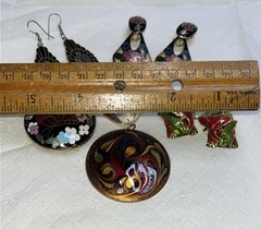 Vintage Cloisonne Butterfly Jewelry 7pc Pendants Earrings Elephant Peacock Cuff