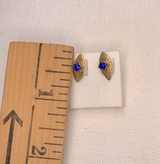 Vintage Gold Tone Stud Earrings Marquise Shape With Blue Center Stone