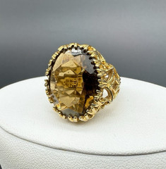 18K HGE Gold Tone Oval Faceted Brown Smoky Quartz Ornate Cocktail Ring Sz 4.75
