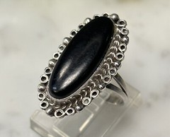 Vtg MEXICO Sterling Silver Black Onyx Large Oval Cabochon Split Band Ring Sz 6