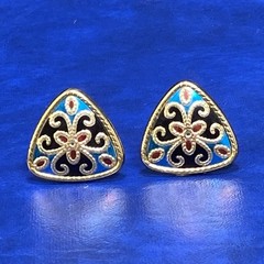 Vtg Aztec Mosiac Triangle Goldtone Blue Red Enamel Clip On Earrings