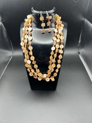 Boho Peach Mother of Pearl Shell Necklace Earring Set Multi Strand Layers Beachy