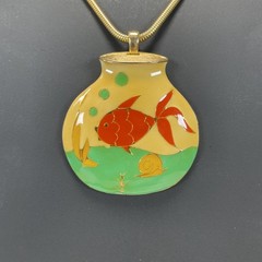 Vintage Cloisonne Fishbowl Pendant Vibrant Enamel Red Fish & Yellow Green Accent