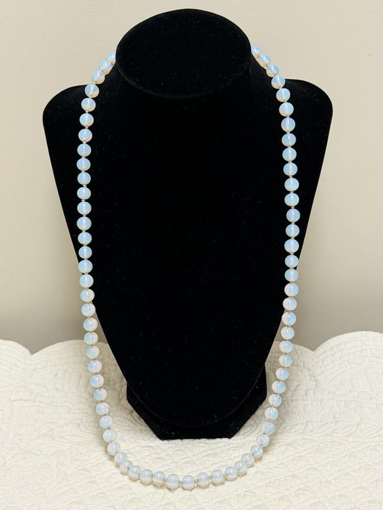 VINTAGE OPALITE OR OPALINE OPALESCENT GLASS BEAD NECKLACE HAND KNOTTED 26”