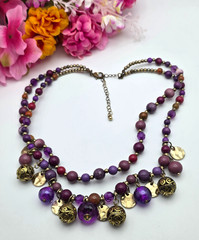 Gold Tone Multicolor Beaded Charm Fringe Necklace Double Strand Glass Lucite 21″
