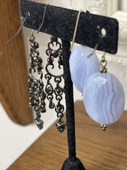 Blue Lace Agate Earrings Dangle Stone Black Chandelier Earrings Lot 2 Pair