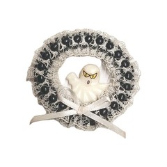 Vintage Handmade Amscan Ghost Round Wreath Pin Brooch Black & White Halloween