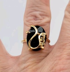 Vtg Sz 7 Ring Genuine Black Oval Onyx Rhinestones Fashion Jewelry 18KGE Sty#5