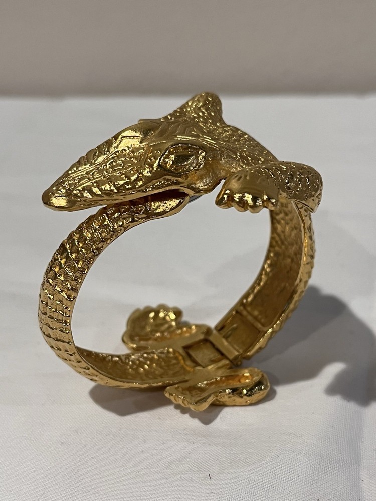 Kenneth J. Lane Signed Gold-Tone Vintage Alligator Watch Clamper Bracelet