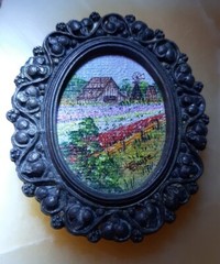 Vintage Brooch Mini Painting Lompoc Flower Field Farm Wine CA. Signd Frame Italy