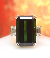 Rare Platinum 17.48 tcw Emerald Cut Green Tourmaline Diamond 3 Stone Ring sz 6
