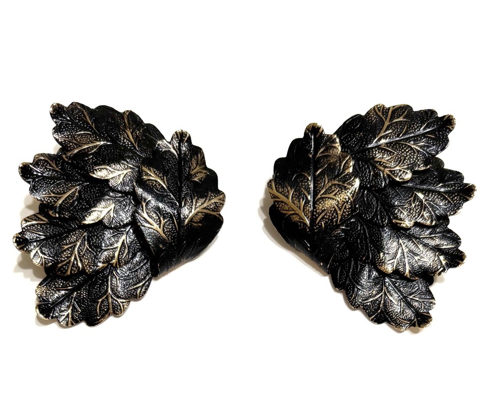Vintage Clip On Earrings Leaves Clustered Black Gold Tone 2 Inches X 2 Inches