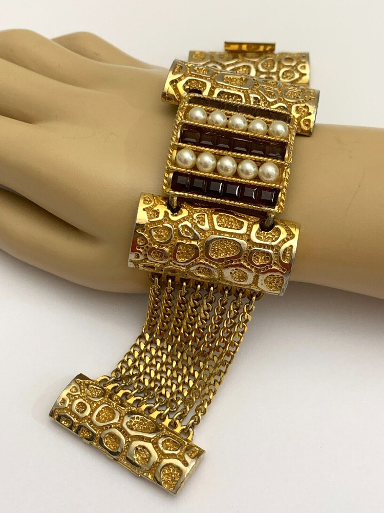 Vintage LUCIEN PICCARD Bracelet Rich Gold Faux Pearl Purple Glass CHANNEL SET