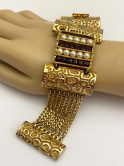Vintage LUCIEN PICCARD Bracelet Rich Gold Faux Pearl Purple Glass CHANNEL SET