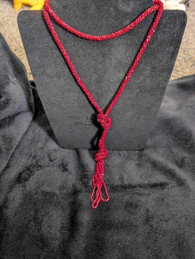 Vintage Art Deco Lariat Sautoir Necklace Micro Red Beaded Flapper Tassel