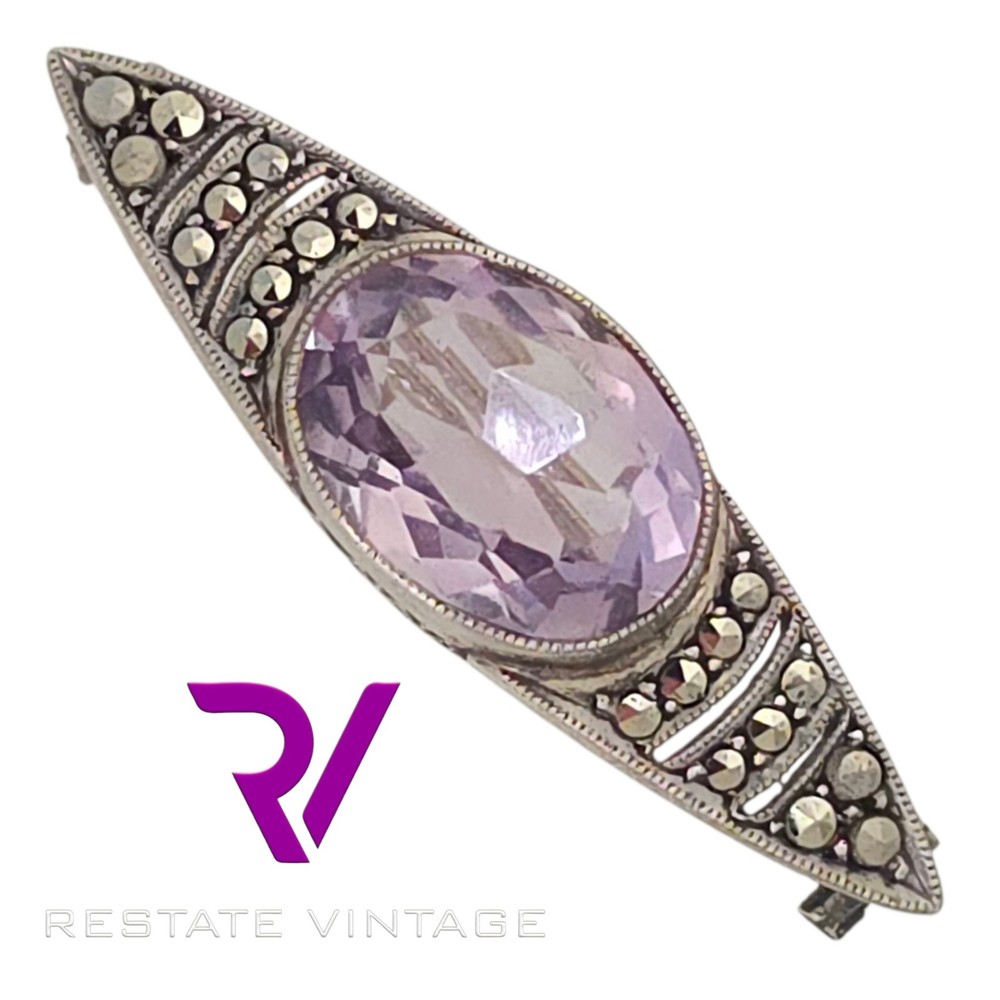 Vintage Amethyst Marcasite Art Nouveau Germany 935 Silver Brooch