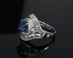 Vintage 3.0ct GIA Ceylon Blue Sapphire & 1.10ct Diamond Platinum Ring, Size 6