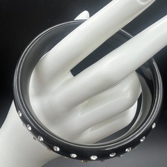 Vintage Black Acrylic Lucite AB Rhinestones Domed Bangle Bracelet Size 8″