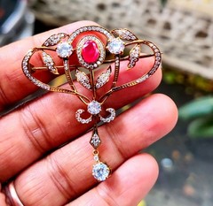 3Ct Oval Lab Created Red Ruby Antique Brooch Pin 14K Yellow Gold Plated Silver