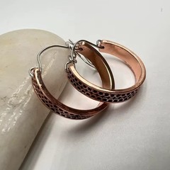 Vintage Half Round Hand Carved Pattern Earrings Ancient Red Copper