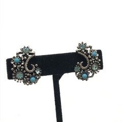 Vintage Lisner Silver Tone Blue Rhinestone Flower Climber Clip On Earrings
