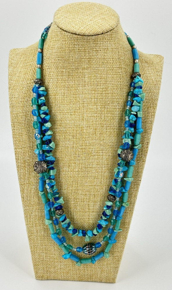 Natural Green Blue Stone Necklace Glass Triple Strand Silver Tone