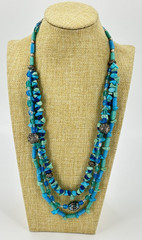 Natural Green Blue Stone Necklace Glass Triple Strand Silver Tone