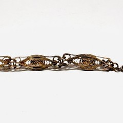 STERLING SILVER bracelet filigree scrolled panel links tiny coral glass cabs 10g