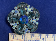 80s Blue Rhinestone Fkower Sparkle Brooch Pin Colors 1.5 in