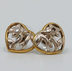 VTG 925 Open Heart Earrings 0.5in Sterling Silver 2g Vermeil Two Tone CZ Sparkle