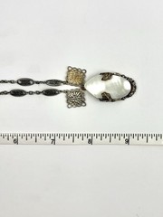 VTG Nouveau Deco MOP & Silver Filigree Pendant & Filigree Chain Necklace 15.25”