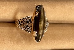 Vintage 18K HGE Tigers Eye Statement Cocktail Ring Sz 8 Openwork Filagree Mount