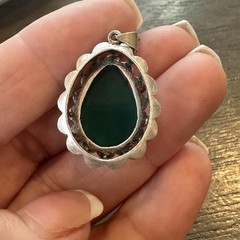 Art Deco Open Back Sterling Chrysoprase Pendant Necklace Scalloped Setting