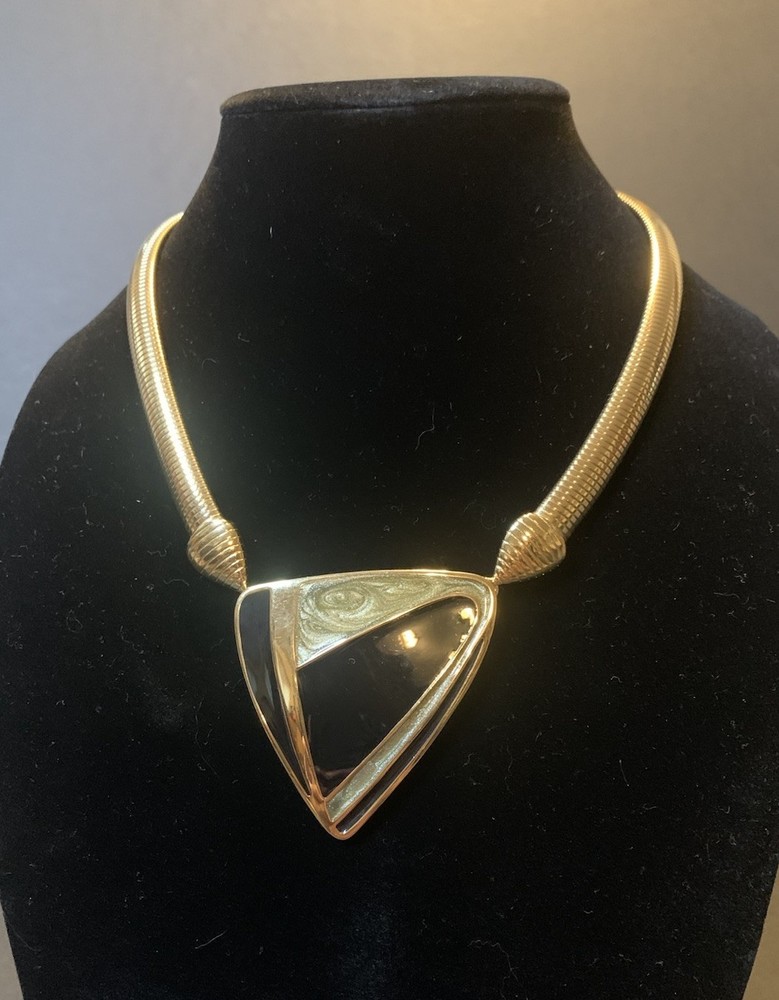 Vintage Trifari Statement, Choker/Necklace Gold Tone With Black Enamel Geometric