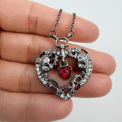 Vintage Gothic Steampunk Heart Pendant Necklace Gunmetal Tone Red Skulls Gears