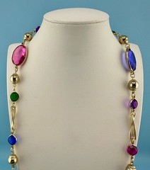Vintage Open Bezel Lucite Necklace Gold Tone Multicolor Oval Round Faceted