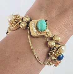 Vtg Victorian Revival Slide Charm Bracelet Signed Safety Chain Cameo 6.5