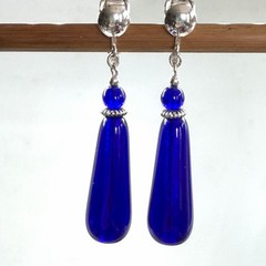 Vintage Cobalt Blue Glass Teardrop Dangle Clip On Earrings Silver Tone Drop 2”