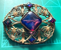 Large Antique Czech Art Deco Red Blue Dragons Breath Art Glass Brass Brooch Pin