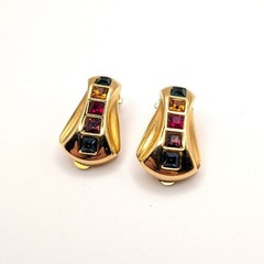 Vintage Gold Tone Clip On Earrings Multi Color Crystal Jewel Tone Rainbow Multi