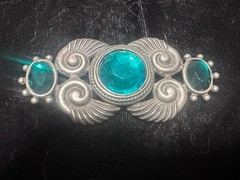 Art Deco Silver Tone Filigree Brooch Green Bar Pin Vintage Signed M. J. Ent