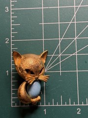 Vintage Cat Brooch Gold Tone Faux Pearl Eyes Blue Dyed Cabochon Belly Stone Pin