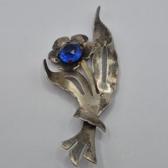 Vtg Sterling Silver Flower/Floral Brooch Pin Spring Blue Rhinestone Patina 3.5″