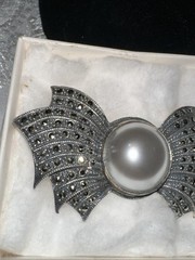 Vintage Judith Jack Sterling Silver 925 Marcasite and Faux Pearl Bow Brooch