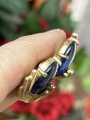 57. Rare Crown TRIFARI Gold tone Blue Oval Cabochon Clip on Earrings 14.7g, 21mm