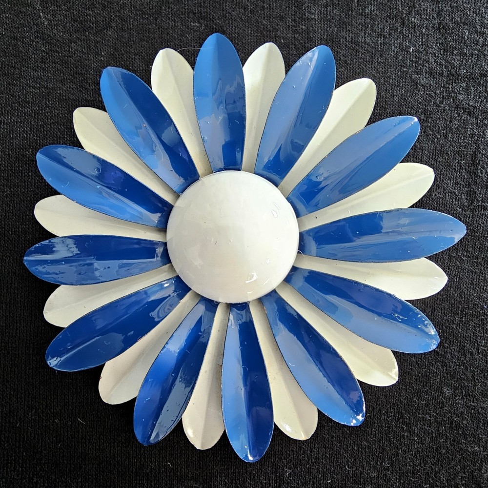 Vtg Blue & White Enamel Double Layered Daisy Flower Brooch Pin 3″ Mod 60s Retro